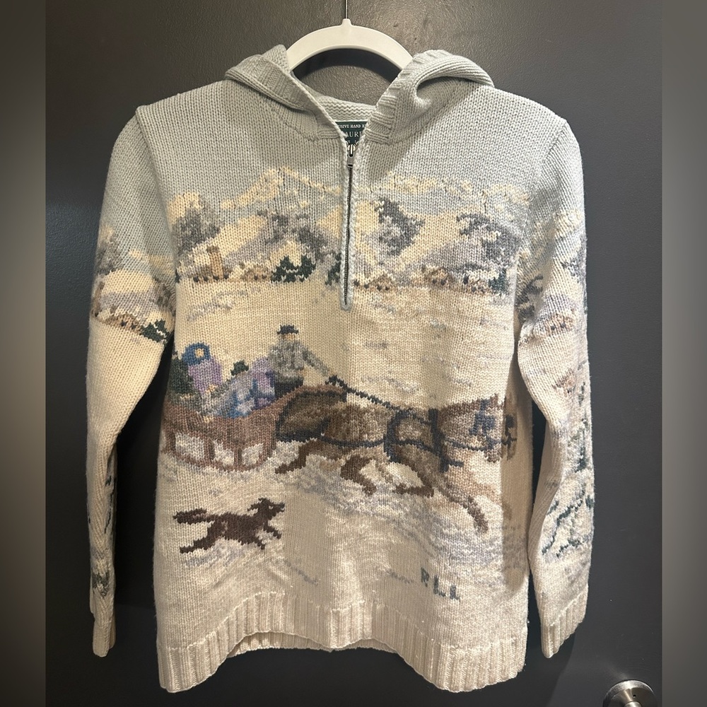 Lauren Ralph Lauren Hand Knit 100% Wool Sledding Half Zip Hooded Sweatershirt